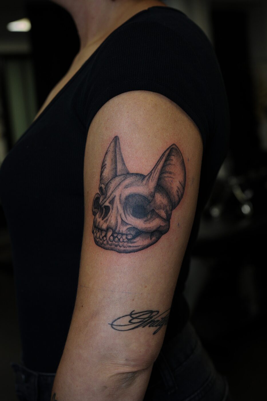 Tatouage black and grey d'un crâne animal, bras